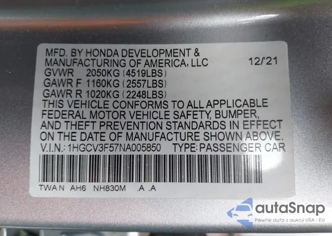 2022 Honda Accord Hybrid Ex-L from USA, damaged, VIN 1HGCV3F57NA005850